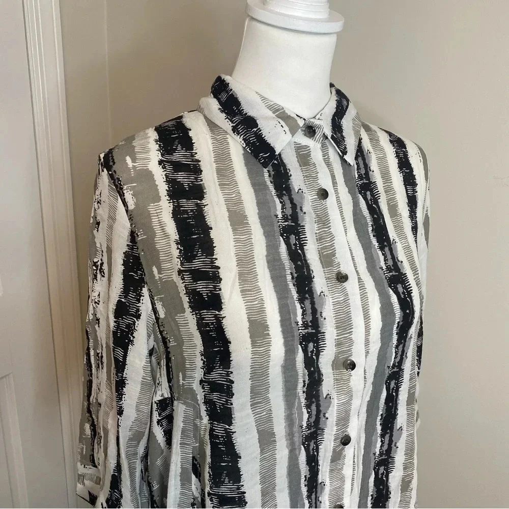PATRIZIA LUCA Women’s Three Quarter High Low Striped Print Shirt Dress Top L - Picture 6 of 13